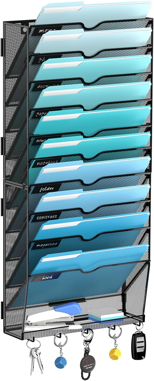 11 Tier Wall File Organizer - Hanging File Organizer with 5 Hooks, Mail Holder Wall Mounted for Papers, Folders, Magazines, Bills, Office&School Organization, Black