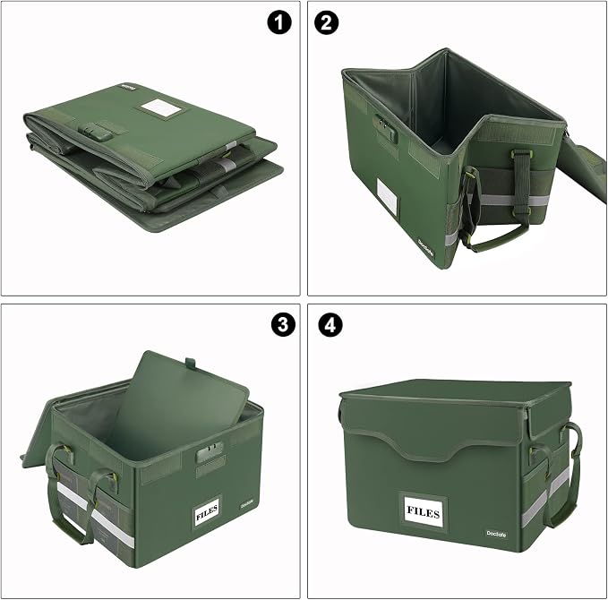 DocSafe Fireproof Document Box with Lock,File Storage Organizer with Mesh Pockets＆Lid,Collapsible Portable File Box Home Office Safe Filing Cabinet with Handle for Hanging Letter/Legal Folder,Green