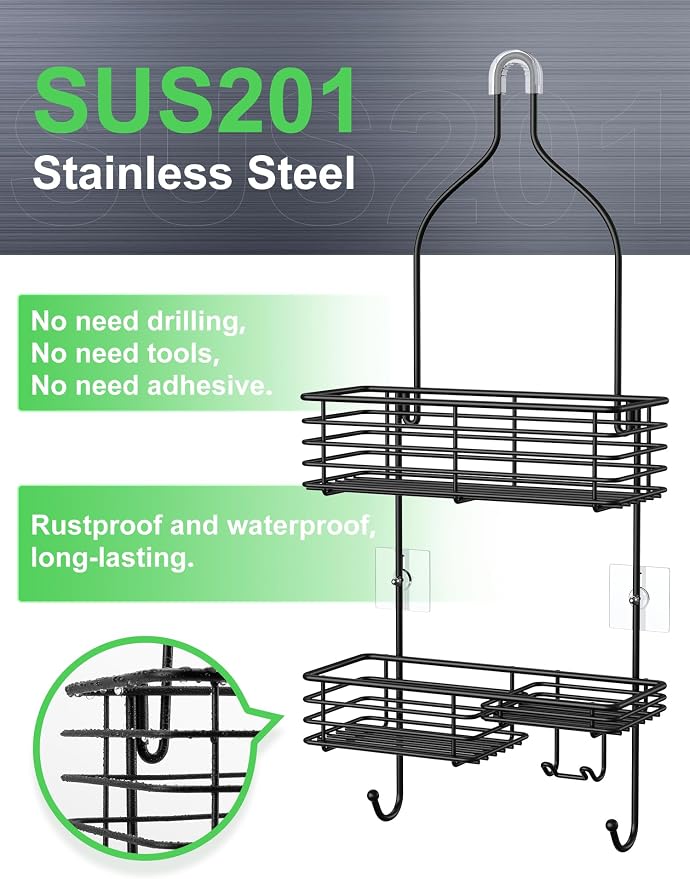 SMARTAKE Hanging Shower Head Caddy, Shower Shelf Organizer, Black | SUS201 Rustproof Stainless Steel Over The Storage Rack, for Toilet, Bathroom
