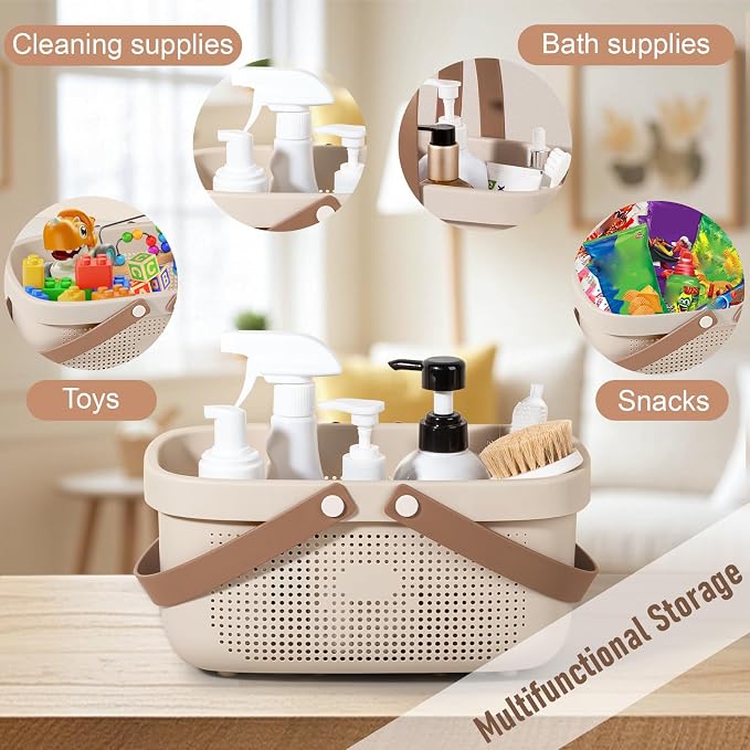 JiatuA Plastic Storage Basket with Handle Portable Shower Caddy Tote Organizer Basket Bin for Bathroom Kitchen Dorm Room Bedroom, Beige