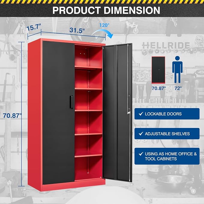 Fesbos Metal Storage Cabinet-71” Tall Steel File Cabinets with Lockable Doors and Adjustable Shelves-Black&Red Steel Storage Cabinet for Home, School, Office, Garage