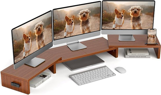 BONTEC Triple Monitor Stand Riser with Smartphone Holder, Walnut | Adjustable Length & Swivel Angle, Ergonomic Wooden Desktop Organizer for PC Monitor, Laptop, Printer, Large Storage, 53.3 in