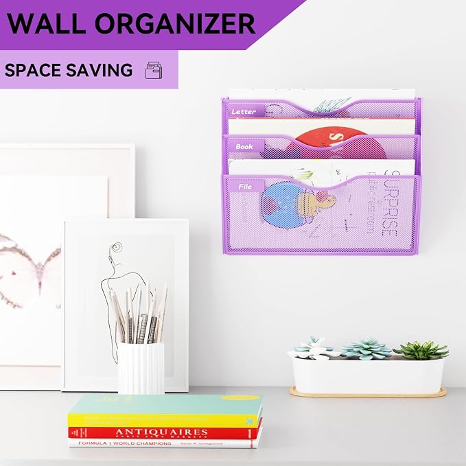 3 Pockets Hanging Wall File Organizer Mail Holder, Wall Mounted Paper Document Folder Holder, Clipboard Storage Organization Magazine Rack, Light Purple
