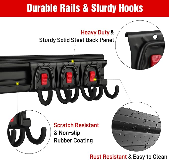 WORKPRO 64" Garage Tool Organizer Wall Mount with 8 Adjustable Hooks | Garage Organization, Garden Tool Rack System, 4 Rails, Hanging, Storage, Universal Installation, PVC material