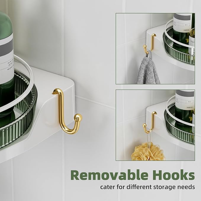 AKINBAS 360° Rotating Shower Caddy Tension Pole with 4-Tier Rustproof Lazy Susan 35-128 Inch No Drilling Coner Shelves Adjustable Shower Rack for Bathroom Bathtub Washbasin Plant Storage (White+Green)