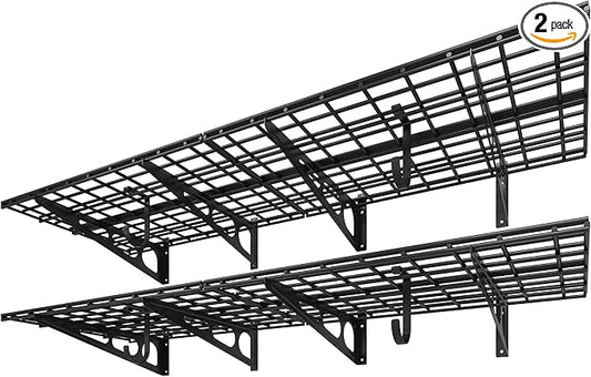FLEXIMOUNTS 2-Pack 2x6ft Garage Shelving with Hooks, 1400lbs Load, Black | 24"x72" Wall Shelf Garage Storage Rack Floating Shelves for Garage Workshop, Rustproof Seamless Grid Design, Classic Series