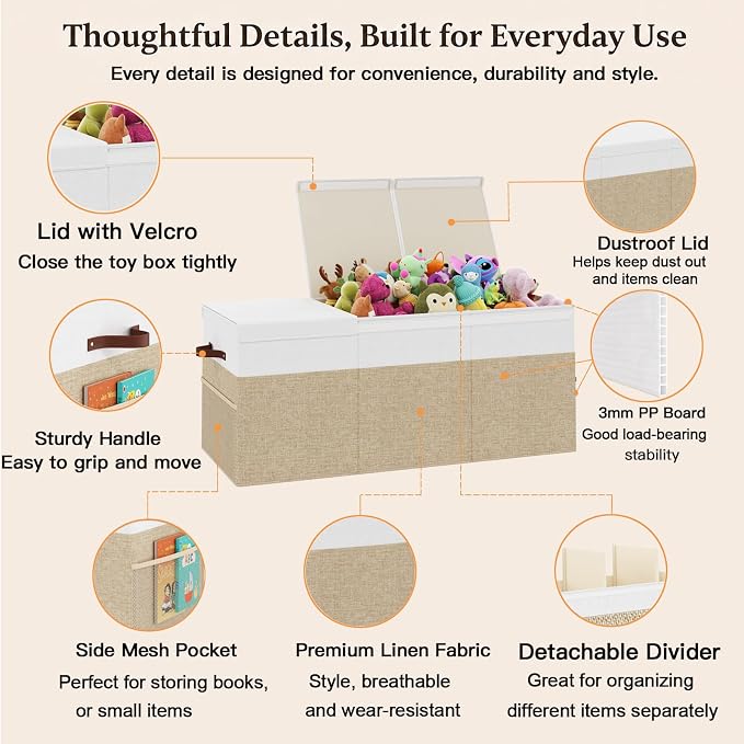 150L Extra Large Toy Storage Box with Lid for Boys Girls Nursery Playroom | Collapsible with Lid, Removable Divider, 40"x14"x16", Side Pockets, For Nursery, Living Room, Playroom