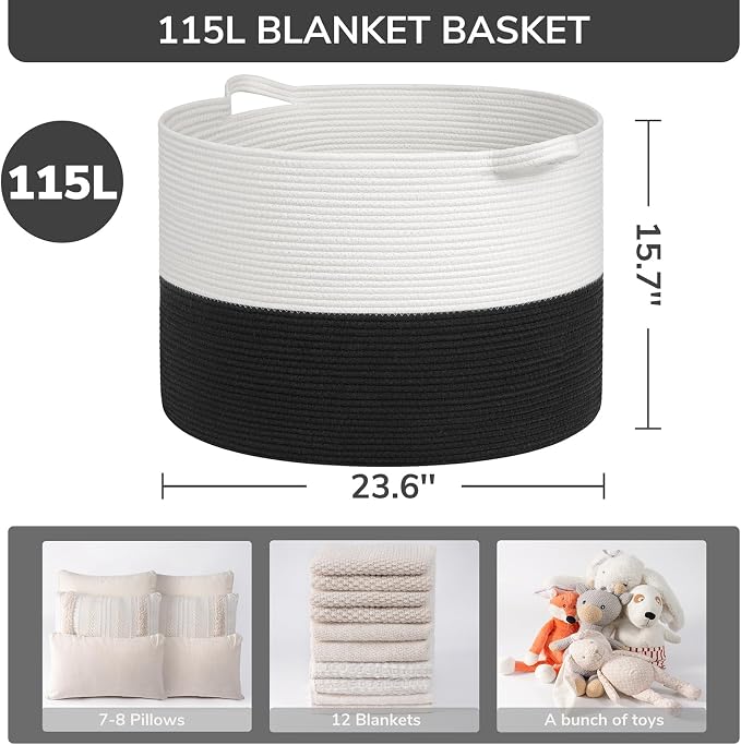 INDRESSME 115L Extra Large Woven Rope Blanket Basket Living Room WhiteBlack | 23.6" x 15.7" Storage baskets for toys laundry & pillows. Fits living room, bedroom or nursery décor. Soft-touch with handles