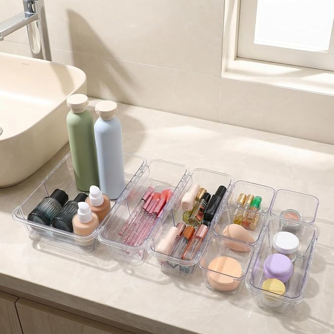 14 Pcs Clear Drawer Organizer - 3 Sizes, Adjustable Drawer Storage Box, Desk Drawer Organizer, Acrylic Storage Bins for Makeup, Cosmetic, Kitchen Utensils, Bedroom Dressers Tool Organizer for Gadgets