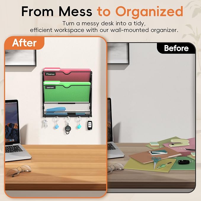 3-Tier Wall File Organizer with Hook, Hanging File Organizer Black | Wall-mounted mail storage holds papers, folders, files, clipboards and magazines, assembly required for office or home use.