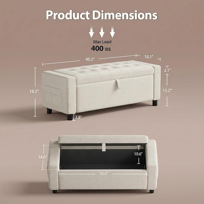 Marsail Upholstered Bench Rectangle Ottoman with Storage Bench for Bedroom End of Bed, Tufted Ottoman with Cushion, Modern Benches for Foot of Bed, Living Room, Entryway, Cream