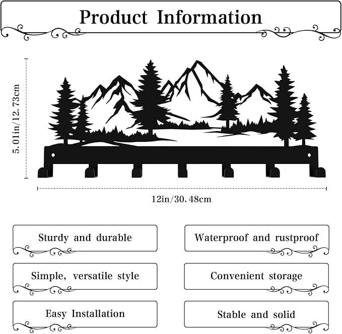 Key Holder Wall Mounted Key Hooks, Black Metal Key Rack Hooks, The Great Grove, Mountain Theme Wall Decoration Hooks, with 7 Hooks, Applicable to Front Doors, Lobby,Corridor, Offices (12 ")