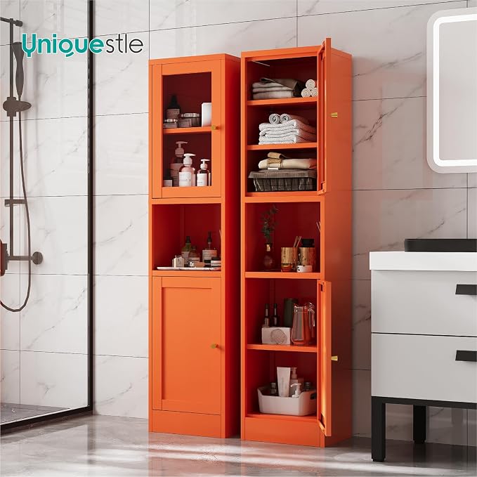 67" Tall Metal Narrow Storage Cabinet with Glass Door and Open Shelf, Shaker Style Slim Cabinet with Adjustable Shelves for Kitchen Bathroom Living Room Laundry Small Spaces, Orange, 1Pc