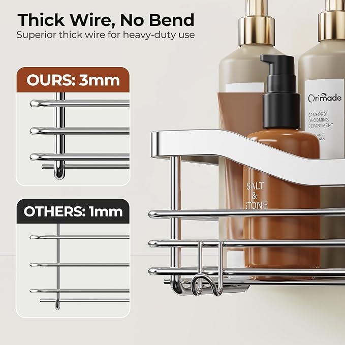 Orimade Shower Caddy Basket Shelf Storage Rack Pack of 2, No Drilling Wall Mounted Adhesive Rust Resistant Stainless Steel Shower Organizer with 5 Hooks for Bathroom, Toilet, Kitchen