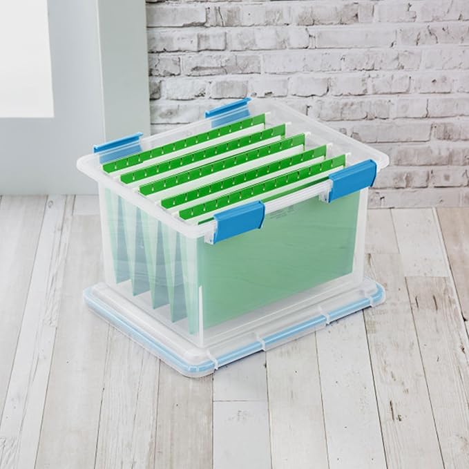 Sterilite Gasket Storage Box with Lids for Home & Office, 32 Quart, 8-Pack | Heavy-Duty, Stackable, and Organizing Containers for Bathroom, Cabinet, Closet, and Garage, Clear and Blue Aquarium Latches