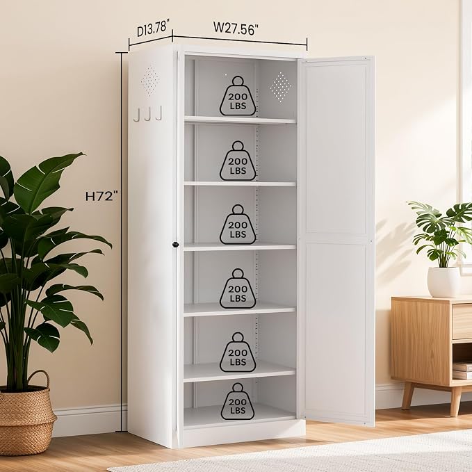 Metal Storage Cabinet, 72" Tall Kitchen Pantry Cabinet with 2 Doors and 5 Adjustable Shelves, White Steel Storage Cupboard for Dining, Office, Living Room, Bathroom