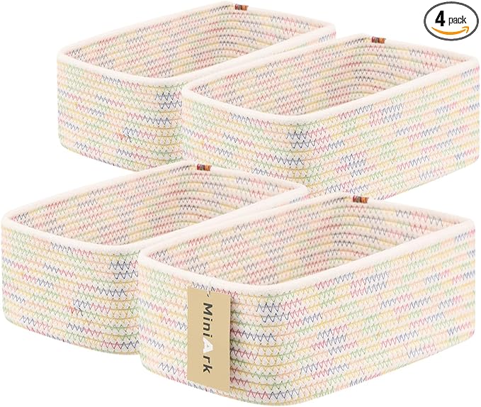 MiniArk Small Storage Baskets for Organizing | Closet Organizer Bins | Shelf Toy Basket | Woven Rope Baskets | Cube Decorative Box | Shallow Basket | 11.5x7.5x4.7” | 4 Packs Rainbow