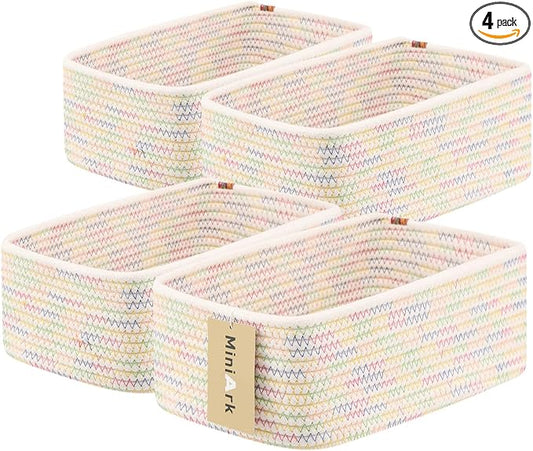 MiniArk Small Storage Baskets for Organizing | Closet Organizer Bins | Shelf Toy Basket | Woven Rope Baskets | Cube Decorative Box | Shallow Basket | 11.5x7.5x4.7” | 4 Packs Rainbow
