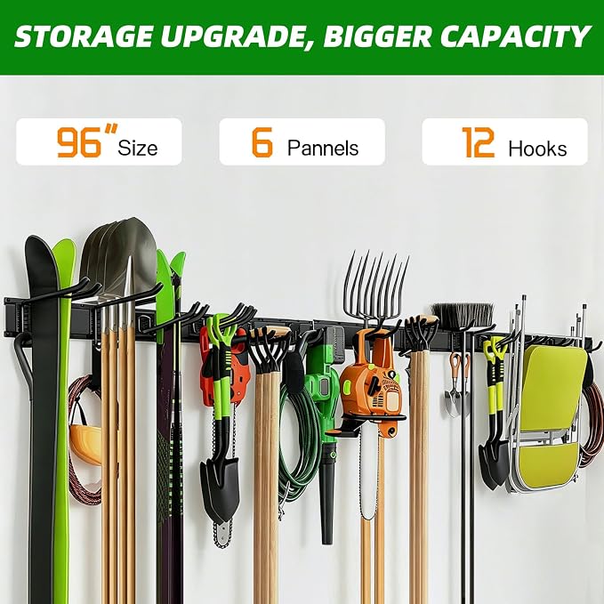 Garage Wall Organizer, 96 in Garden Tool Organizer with 12 Adjustable Hooks | 720 LBS Load, Wear & Tear Resistant, Soft Anti-Scratch Hook Sleeves, 3 Extra Storage Straps, For Garden Lawn & Shed Tools