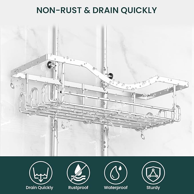 Shower Caddy Hanging Adjustable Shower Caddy, Rustproof Shower Organizer Extended Length Showers Caddy Over Shower Head with Hooks Soap Holder, Large Capacity Anti-Swing Bathroom Organizer, Silver | Rustproof Shower Organizer, Extra Long, No Drilling, ...