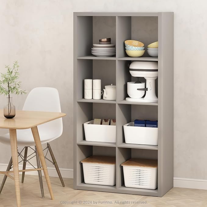 Furinno HERMITE Kitchen Island, 8-Cube Coffee Bar, Extra Thick Kitchen Storage, Bakers Rack, for Pantry Organizers and Storage, Kitchen Organization, Light Grey
