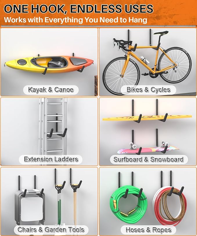 Heavy Duty Kayak Storage Rack with EVA Foam & Rubber Bushing, Wall Mount Kayak Hangers Large Hooks for Garage Hanger Canoe, Surfboard, Skiboard, Snowboard, Paddle Board, Ladders, Bike