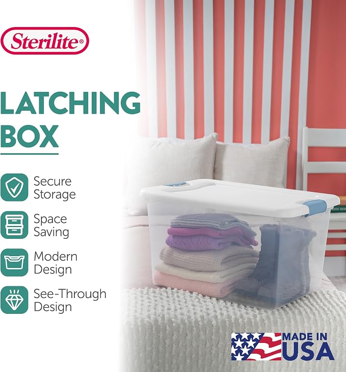 Sterilite 24-Pack Latching Box, Under Bed Storage Bins with Lids, Clear Plastic, 64 Quart - Heavy-Duty Organizing Containers for Closet, Bathroom, and Office