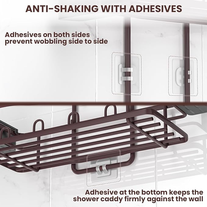 Rustproof Shower Caddy Hanging with Soap Holders for Bathroom, Bronze | Shower Organizer with Multi Hooks Toothbrush Holder, No Drilling, Anti-Swing, Storage for Shampoo Conditioner Body Wash
