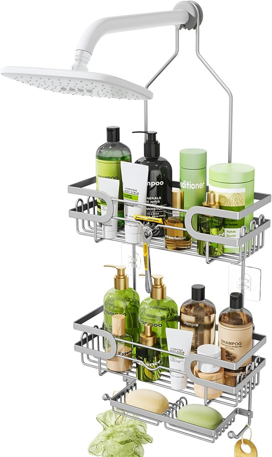 HapiRm Bathroom Hanging Shower Caddy - Rustproof Shower Shelf with 12 Hooks and 2 Soap Holders, No Drilling Bathroom Organizers and Storage - Silver
