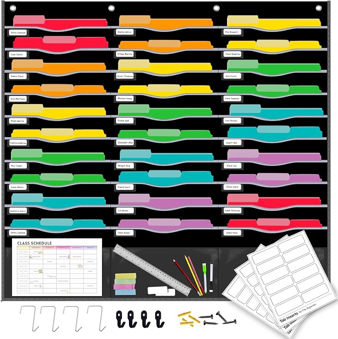 33 Pockets Hanging Wall File Organizer for Legal/ Letter Size Paper, Over the Door Organizer, 47½" x 45½" Pocket Chart for Classroom, Office, Warehouse, Home Use with 36 Name Tags & 8 Hooks