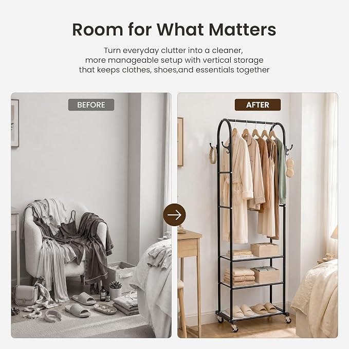 Cesun Heavy Duty Clothes Rack with 3-Tier Mesh Shelves & 8 Hooks, Black | Space-Saving Design, Lockable Wheels, Easy Assembly, Stainless Steel, Small Garment Rack for Entrance/Bedroom/Living Room