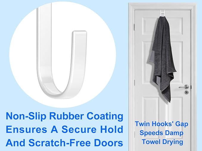 Double Over Door Steel Hooks 2 Pack Fit 1-3/8" Door 5.5" White | Plastic Coated Rubber Feel Towel Rack Robe Coat Shoe Wreath Hanger No Damage No Scratch for Bathroom Heavy Duty Thin Top