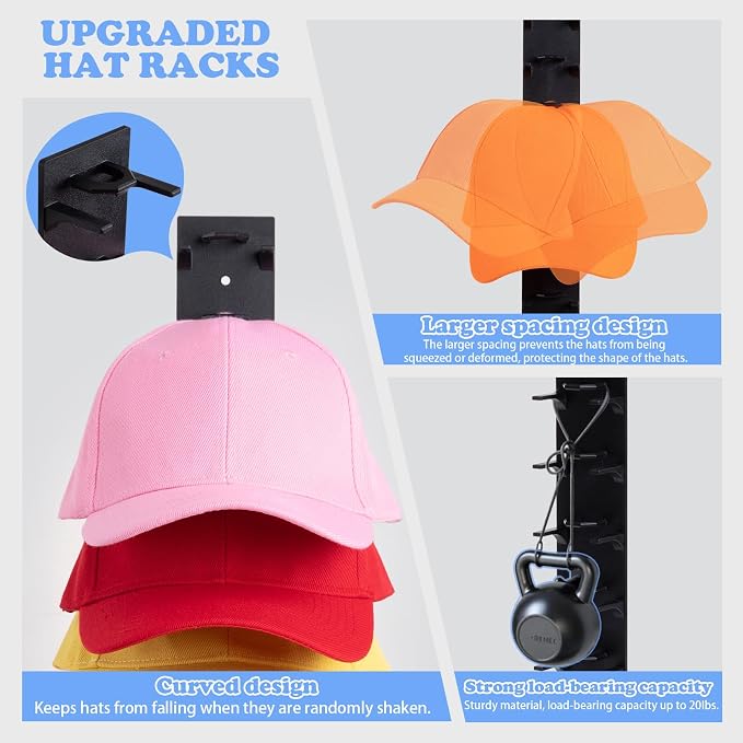1 Pack Hat Organizer For Baseball Caps, Hat Rack for Wall Holds 9 Hats | Thick ABS Plastic, Adhesive Or Screw Mount, Extended Spaced Tiers Help Keep Cap Shape, For Doors, Closets, Bedrooms