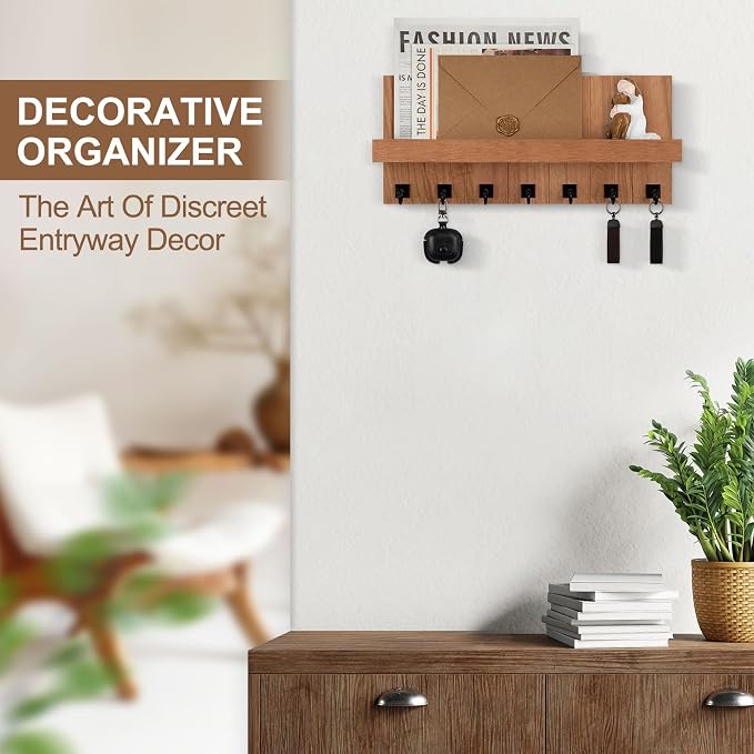 Key Holder for Wall, Decorative Key Holder with Shelf, Key and Mail Holder Wall Mount, Farmhouse Decor with 7 Key Hooks for Keys, Coats, ect.