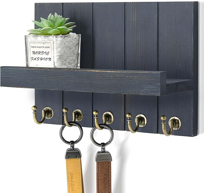 Rebee Vision Key Holder Wall Mount with Shelf for Room Decor, Royal Blue | 3.54 x 10 x 7.28 Inches, Solid Pine Wood, Farmhouse Key Holder for Wall, Mail Organizer, Apartment Storage, Decorative Accent