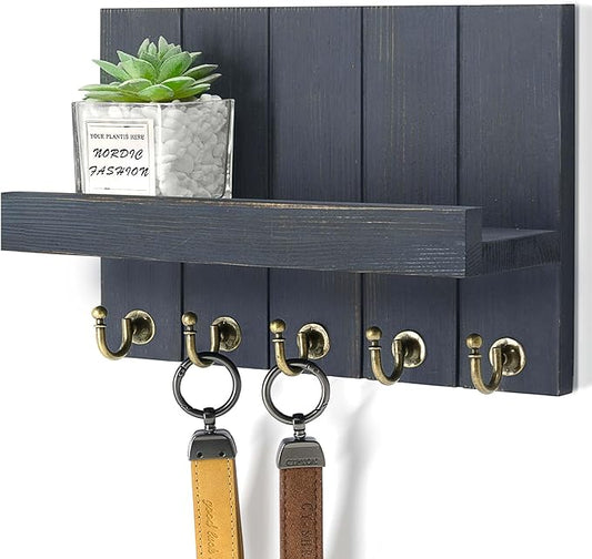 Rebee Vision Key Holder Wall Mount with Shelf for Room Decor, Royal Blue | 3.54 x 10 x 7.28 Inches, Solid Pine Wood, Farmhouse Key Holder for Wall, Mail Organizer, Apartment Storage, Decorative Accent