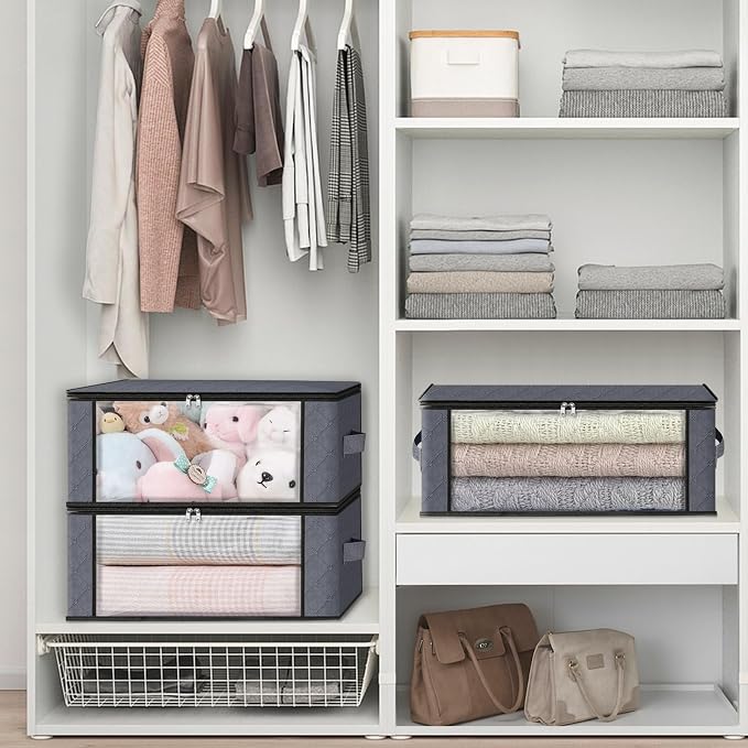 HomeHacks 10-Pack Clothes Organizer Storage Bags, 35L Storage Bins, Gray | Foldable Storage Box Container with Zippers, Clear Window, Reinforced Handles for Closet, Dorm, Pillows, Bedding, Sweater