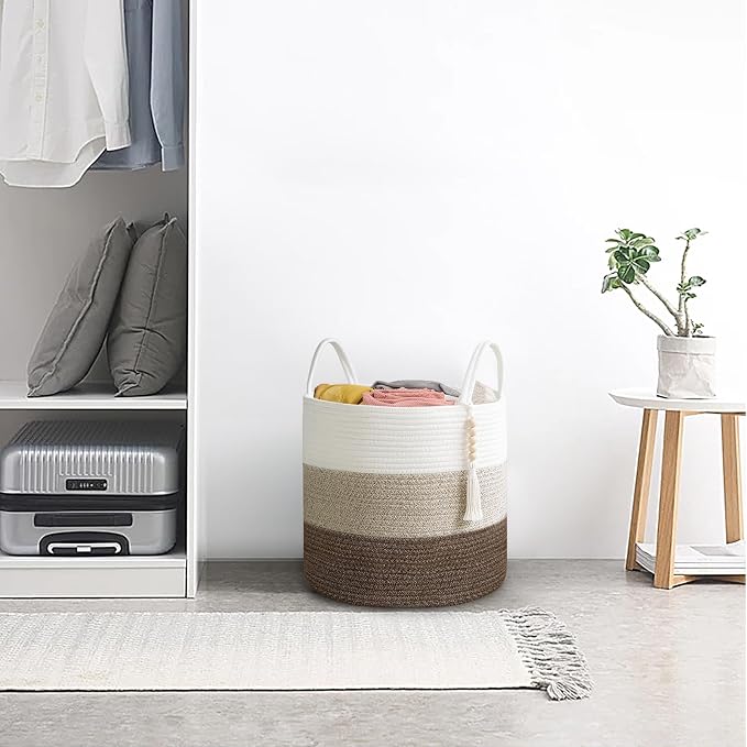 Mkono Woven Storage Basket for Blanket, Toys Plant Organizer, 16"W x 13.8"L | Gradient Brown, Decorative Basket with Handle, Wood Beads Tassel, Shoes Clothes Storage Bin, Living Room Bedroom Nursery