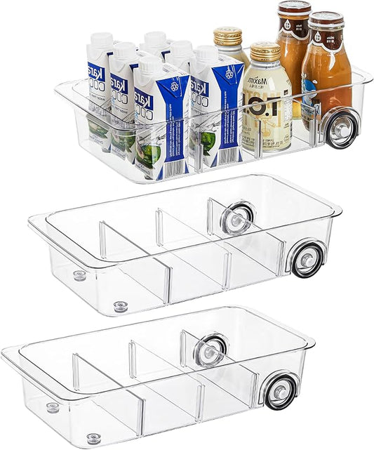 Roll-Out Refrigerator Organizers and Storage, 3 Pack Drawer Fridge Bins | Adjustable Dividers, Custom Compartments, Silicone Wheels, Smooth Sliding on Glass Shelves, Thick Plastic, Built-In Handle