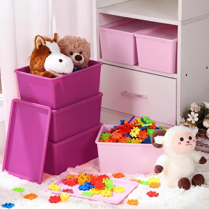 6 Pcs Storage Bins with Lids Small Plastic Storage Containers Stackable Storing Baskets Box Cute Organizer Bins for Organizing Shelves (Pink Series)