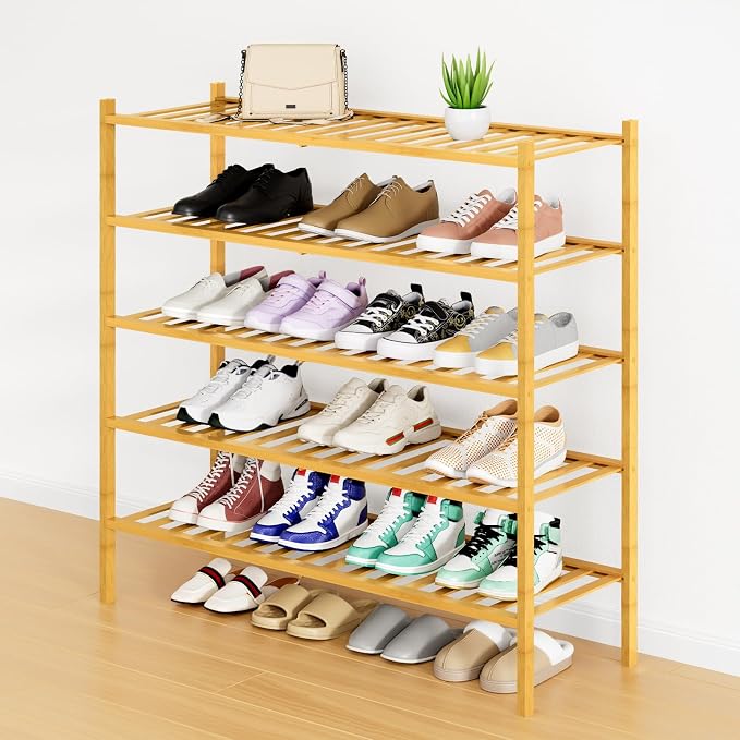 Smiry Bamboo Shoe Rack, 12 Vertical Slats, 5 Tier - 33.7" Wide, Natural | Stackable Free Standing Wooden Shoe Organizer, Wood Shoe Storage Shelf for Closet, Entryway