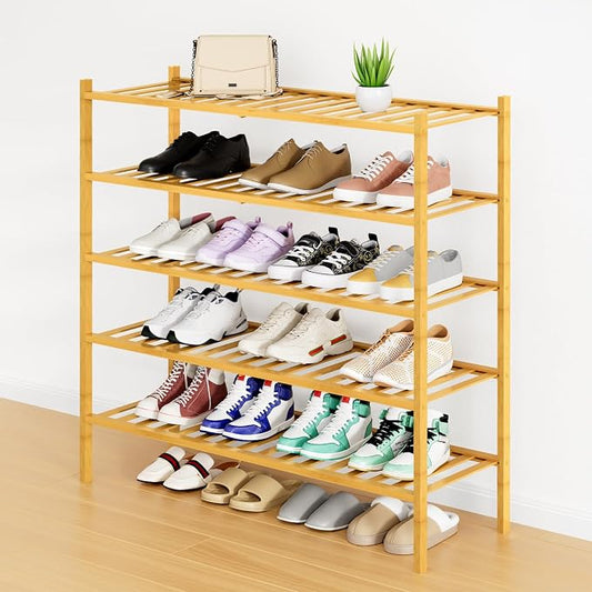 Smiry Bamboo Shoe Rack, 12 Vertical Slats, 5 Tier - 33.7" Wide, Natural | Stackable Free Standing Wooden Shoe Organizer, Wood Shoe Storage Shelf for Closet, Entryway