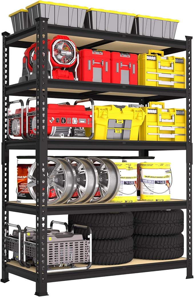 PrimeZone 5-Tier Garage Storage Shelves, Adjustable Metal Shelving, Black | 35.5"W x 12"D x 72"H, Heavy-Duty Metal Frame & Connectors, FSC MDF Boards, 2000 LBS Storage for Garage, Pantry, Closet