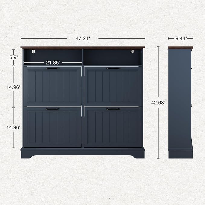 Hidden Shoe Storage Cabinet with 4 Flip Drawers & Open Storage | Farmhouse Modern Shoes Rack Cabinet,Adjustable Shelves ,Narrow Slim Shoe Organizer for Entryway,Foyer,Hallway,Navy Blue