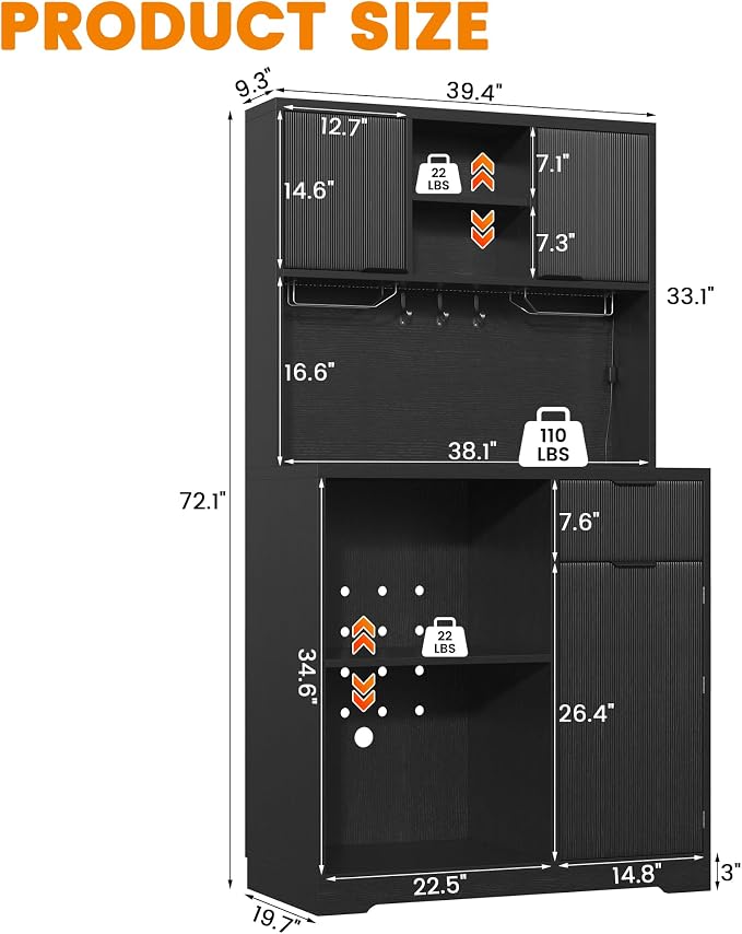 kepptory 72" Mini Fridge Cabinet with Storage, Coffee Bar Cabinet with Mini Fridge, Tall Coffee Bar Station with RGB LED Light, Wine Glass Holder, for Home Kitchen Living Room, Black