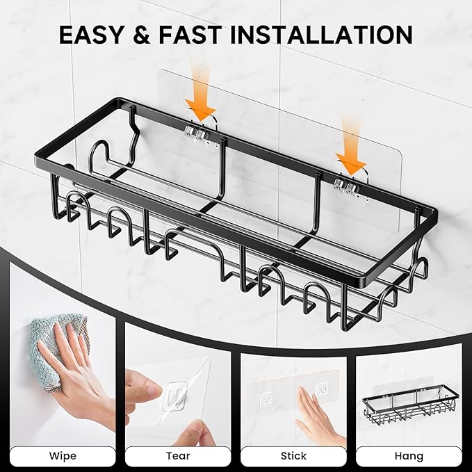 Shower Caddy, 3 Pack Shower Shelves for Inside Bathroom, Rustproof Adhesive Bathroom Organizer with Soap Holder, No Drilling Washroom Organizers and Storage for Bathtub Room/Kitchen/Home, Black