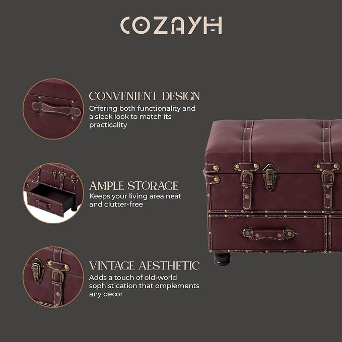 COZAYH Vintage Storage Ottoman Bench, Dark Magenta | Faux Leather, Wood Frame, 31.5x15.75x17.25 in, 250 lb Capacity, Hinged Lid, 2 Latches, Side Handles