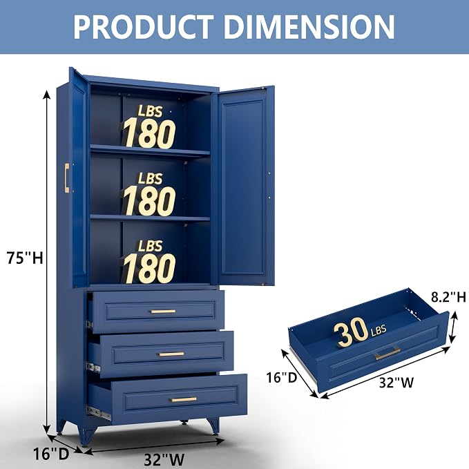 Polup 75" Metal Storage Cabinet, Kitchen Pantry Cabinet with 3 Drawers | Heavy-Duty Blue Tall Cabint with 2 Doors and 3 Adjustable Shelves, Magnetic Latch, Gold Handles, for Dining Living Room