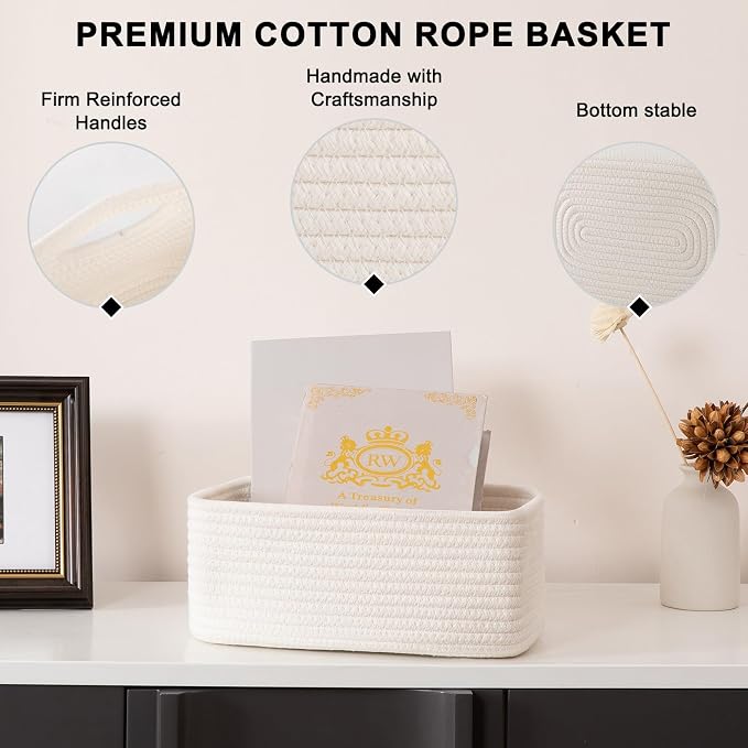 OIASKET 4 Pack Small Storage Shelf Baskets for Organizing, Mini Woven Rope Storage Bins for Towels, Cute Decorative Closet Organizer，Baby Nursery, Gift Empty Baskets -11.81''Lx7.87''Wx4.72''H-White