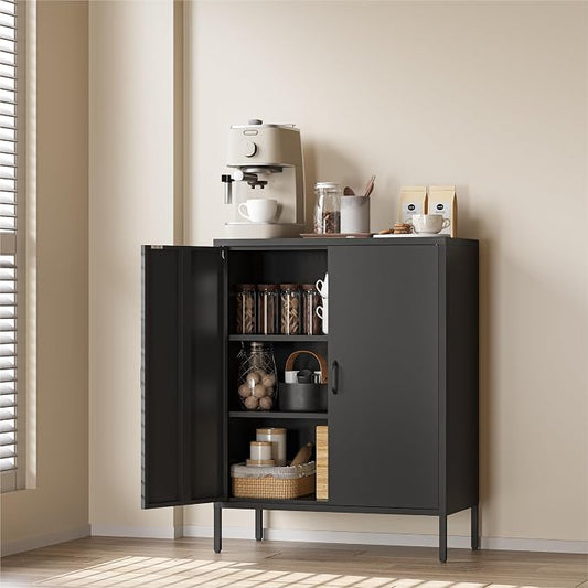 COFaR Black Metal Storage Cabinet, 40” Industrial Kitchen Organizer & Buffet Sideboard, 3-Tier Steel Cabinet with Adjustable Shelves, Magnetic Doors for Coffee Bar, Office, Dining Room